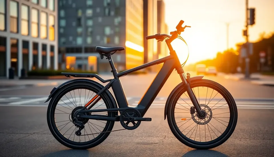 A matte black commuter e-bike parked on a city street at sunset